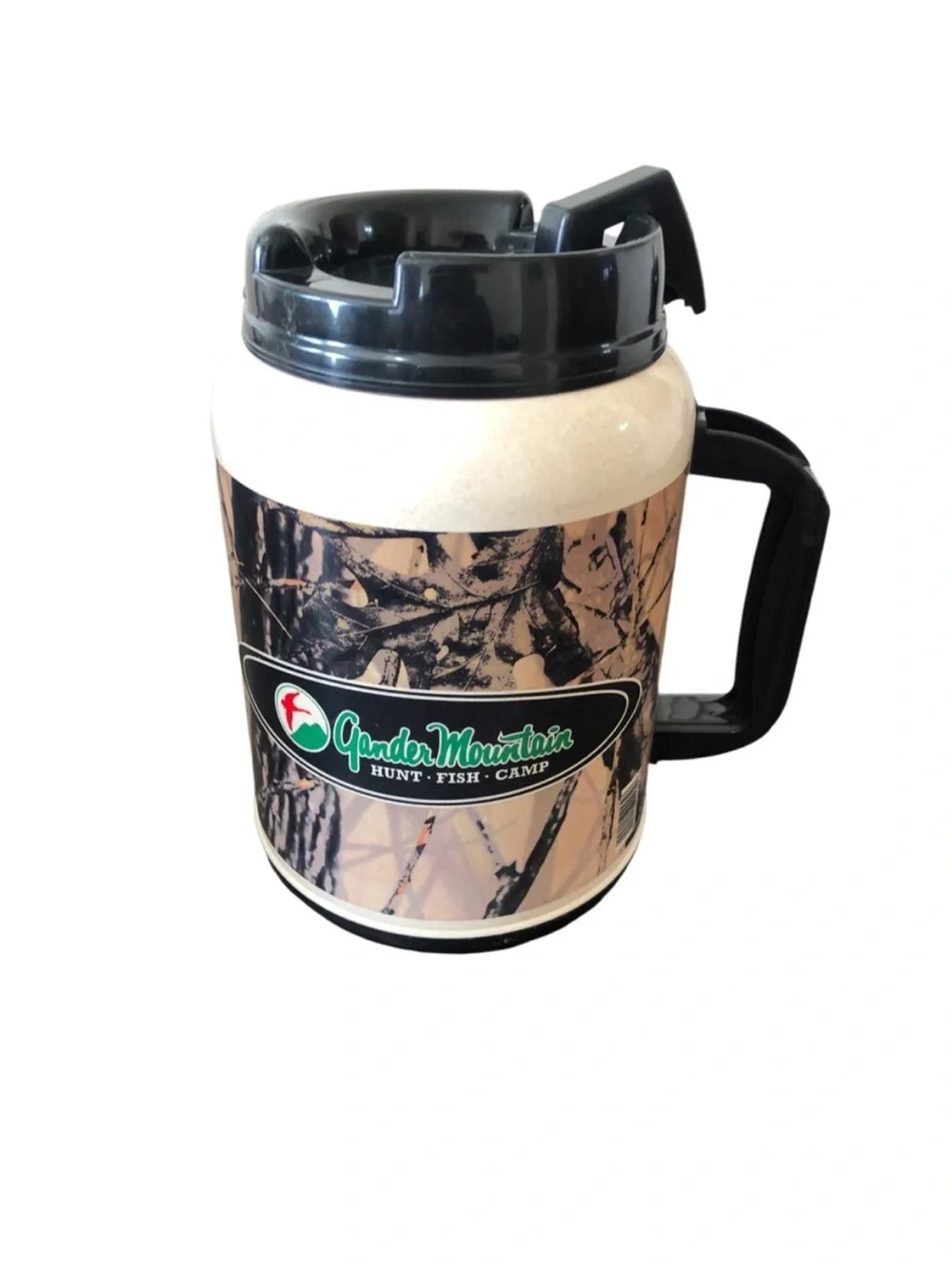 Gander Mountain Vntge Hunt Fish Collectible Camp 64oz Camo Mug Lid outdoors EUC
